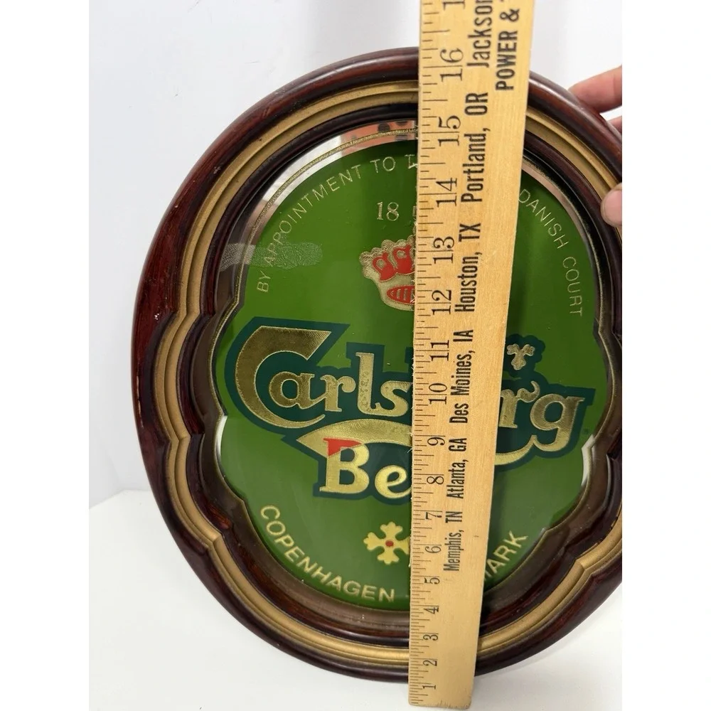 Carlsberg Beer Sign Mirror with Wood Frame Copenhagen Denmark Vintage 1990